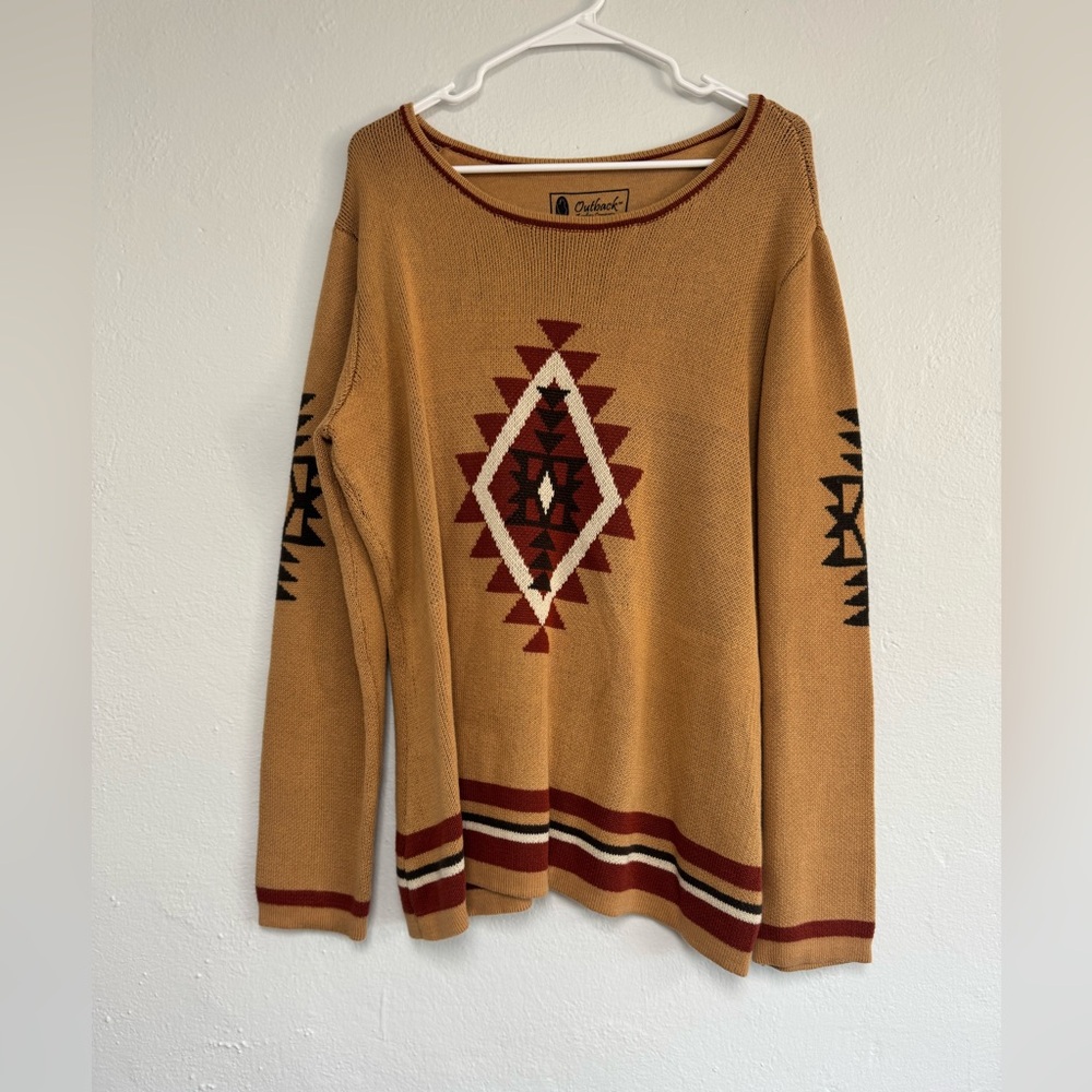 Outback Women's Tan Sweater with Red and Black Geometric Design